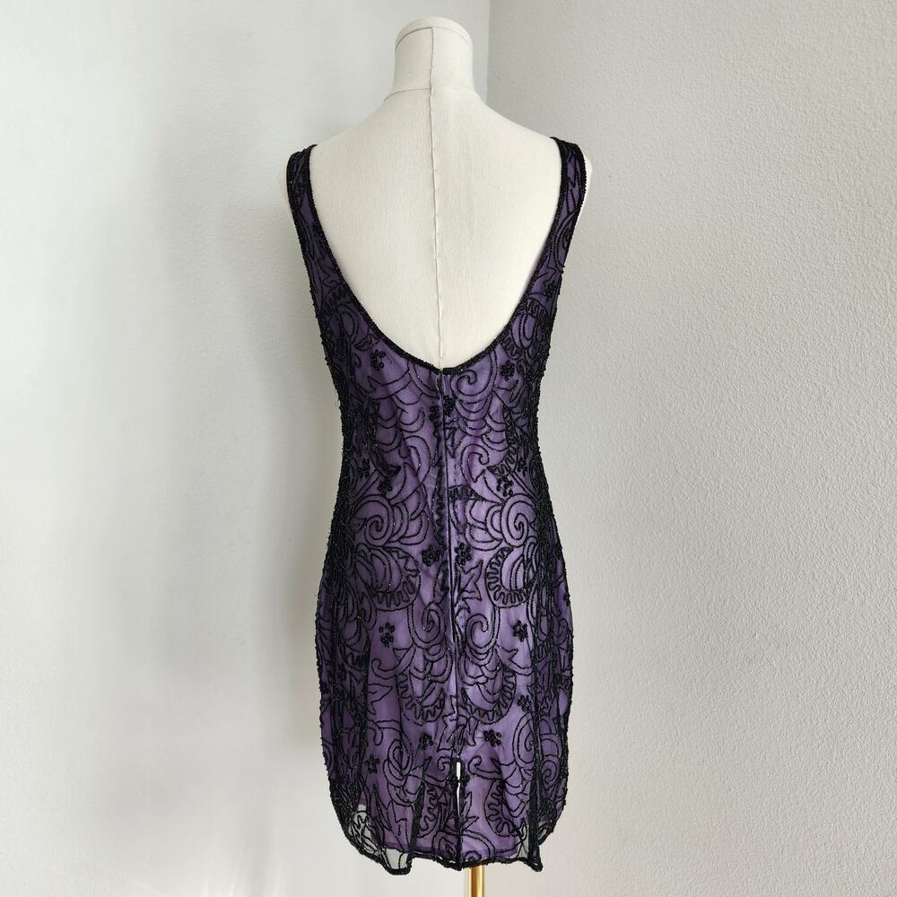 Vintage 90s Laurence Kazar Purple Black Beaded Sheath Dress Sleeveless Mini S - Picture 7 of 12